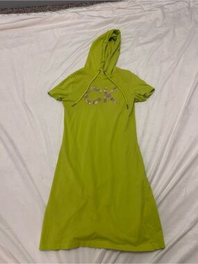 Calvin Klein Lime Green Hooded Tee Dress with Crystal CK Logo